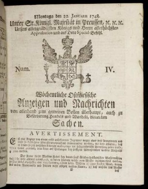 Num. IV. Montags den 22. Januarii 1748.