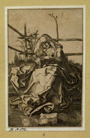 Maria auf der Rasenbank, das Kind stillend