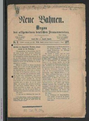 Neue Bahnen 1877 mit Bezug zu Petition des ADF zur Gleichstellung der Rechte von Frauen und Männern