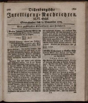 XLVI. Stück. Sonnabends: den 14. November 1778.