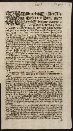 Nachdeme deß Durchleuchtigsten Fürsten und Herrn, Herrn Eberhard Ludwigen, Hertzogen zu Würtemberg und Teck [...]