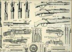 Waffendarstellung, Detailstudie Seitengewehre, Patronen und Infanterie-Gewehre, Königreich Bayern, 1871/1900. Beiblatt 2 zu Tafel XXIV aus: Müller/Braun: Königl. Bayerische Armee.