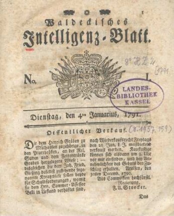 No. 1, Dienstag, den 4ten Januarius, 1791