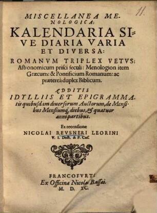Miscellanea menologica : Kalendaria sive Diaria varia et diversa ...