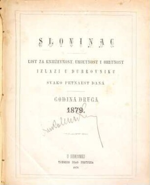 Slovinac : list za književnost, umjetnost i obbynost. 2. 1879