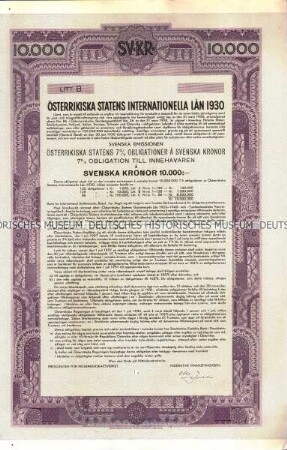 7% Österreichische Staatsanleihe Schuldverschreibung über 10.000 Schwedische Kronen, Blankette