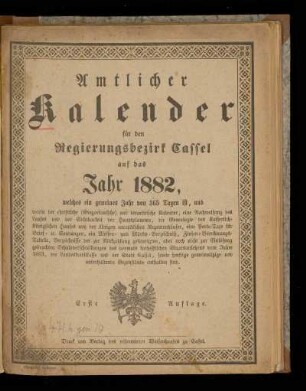 Amtlicher Kalender für den Regierungsbezirk Cassel 1882