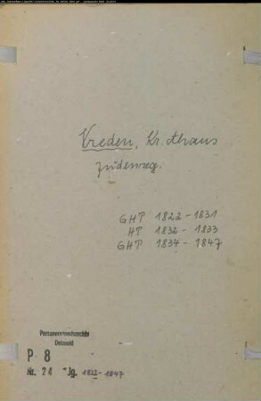 Zivilstandsregister der Juden für den Ort Vreden (GHT 1822-1831; HT 1832-1833; GHT 1834-1847) (Gemeinde: Vreden, Kreis Ahaus)