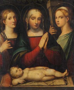 Maria, das Kind verehrend, mit den Heiligen Apollonia und Barbara