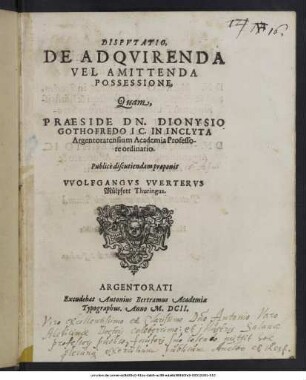 Disputatio, De Adquirenda Vel Amittenda Possessione