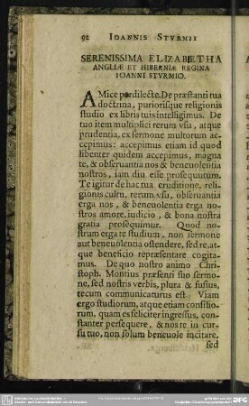 Serenissima Elizabetha Angliae Et Hiberniae Regina Ioanni Sturmio