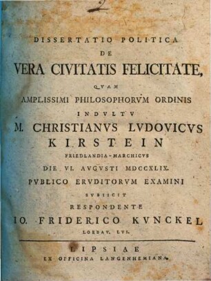 Dissertatio Politica De Vera Civitatis Felicitate