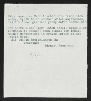 Brief von Gerhart Hauptmann an Rolf Ibscher