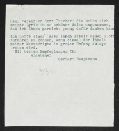Brief von Gerhart Hauptmann an Rolf Ibscher