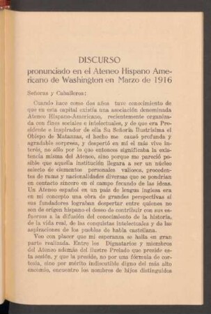 Discurso pronunciado en el Ateneo Hispano Americano de Washington en Marzo de 1916