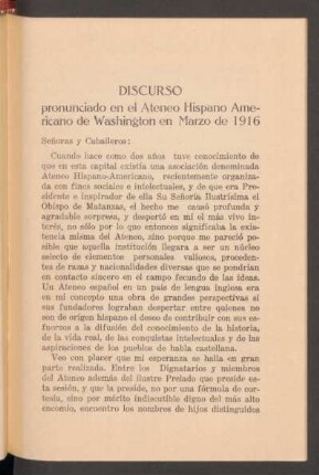 Discurso pronunciado en el Ateneo Hispano Americano de Washington en Marzo de 1916