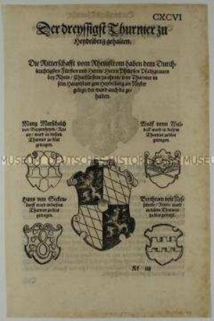 Dreißigstes Turnier zu Heidelberg im Jahr 1481 - Stadt- und Familienwappen (S. CXCVI aus dem Turnierbuch/1. Teil)