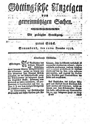 50tes Stück. Sonnabend, den 12ten December 1778.
