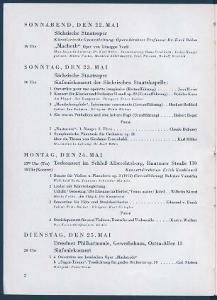 Programmheft "Internationales Musikfest Dresden 22. bis 30. Mai 1937". Programm für den 22. bis 25. Mai, u. a. mit Erstaufführungen von Jean Rivier, Božidar Kunc, Herbert Bedford, Boleslav Vomáčka und Uraufführung von Robert Heger. Seite 2 in: Programmheft Sächsische Staatstheater, Opernhaus Dresden. Druck; 21,5 x 15,5 cm. Dresden: SLUB Z. 4. 7-1937