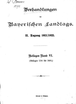Verhandlungen des Bayerischen Landtags. Beilagen. 1921/22,6