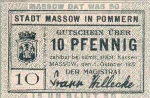 Notgeld der Stadt Massow in Pommern