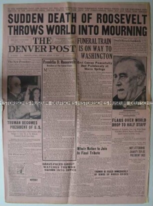 US-Amerikanische Tageszeitung "The Denver Post" mit Leitartikel zum Tod Franklin D. Roosevelts