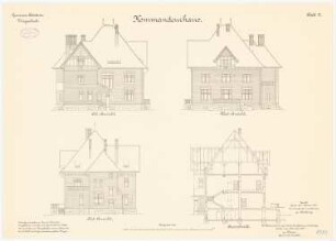 Kriegsschule der Garnison Potsdam: Kommandeurshaus: Aufriss Südansicht, Ostansicht, Westansicht, Querschnitt 1:100