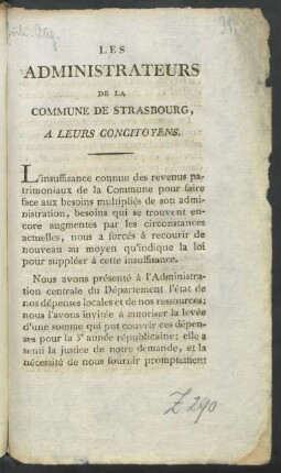 Les Administrateurs De La Commune De Strasbourg, A Leurs Concitoyens