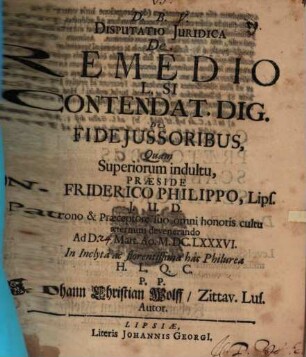 Disputatio iuridica de remedio L. Si contendat. Dig. de fideiussoribus