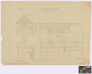 Reimswaldau (Landkreis Waldenburg): [unbekannter Hof]. Stallgebäude (Giebel-Ansicht, Seiten-Ansicht, Querschnitt A-B, Längsschnitt C-D)