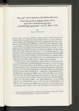 Das "Ja" eines späteren Sozialdemokraten Über Heinrich Landahl (1895-1971) und seine Zustimmung zum "Ermächtigungsgesetz" am 23. März 1933