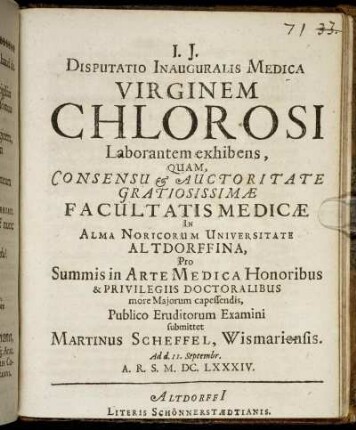 Disputatio Inauguralis Medica Virginem Chlorosi Laborantem exhibens