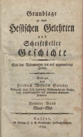 Grundlage zu einer hessischen Gelehrten und Schriftsteller-Geschichte. 9. Meus - Myl