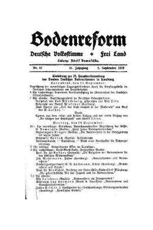 Einladung zur 25. Hauptversammlung des Bundes Deutscher Bodenreformer in Hamburg