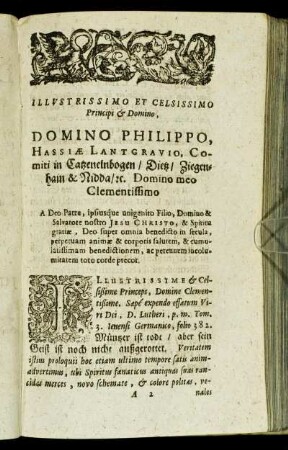 Illustrisimo Et Celsissimo PRincipi & Domino, Domino Philippo, Hassiæ Lantgravio, Comiti in Catzenelnbogen [...]