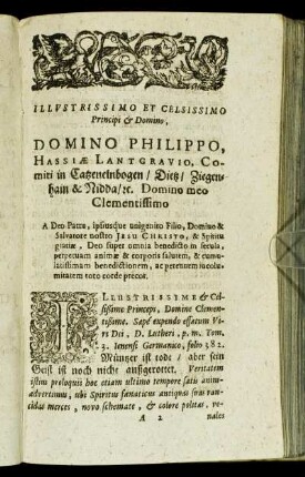 Illustrisimo Et Celsissimo PRincipi & Domino, Domino Philippo, Hassiæ Lantgravio, Comiti in Catzenelnbogen [...]