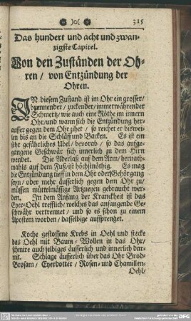 Das hundert und acht und zwanzigste Capitel. Von den Zuständen der Ohren, von Entzündung der Ohren
