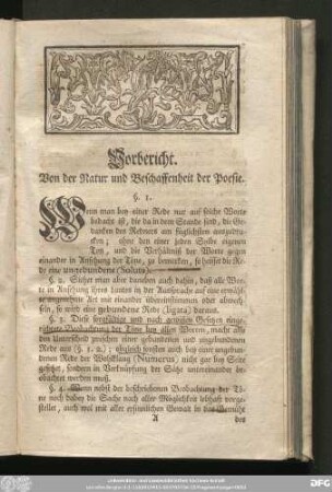 Vorbericht. Von der Natur und Beschaffenheit der Poesie.