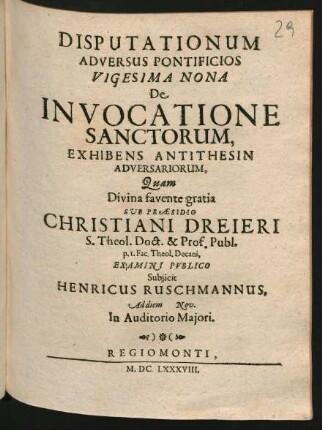 29: De Invocatione Sanctorum : Exhibens Antithesin Adversariorum