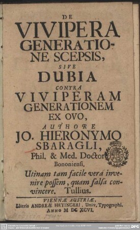 De vivipera generatione scepsis sive dubia contra viviperam generationem ex ovo