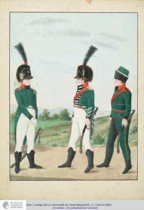 Abbildung Des Gros[s]herzoglich Hessischen Militair. [Tafel 34: Garde-Chevauleger-Regiment; Abgebildet sind ein Subaltern-Offizier und zwei Gemeine des Regiments]. S.l.e.a. [ca. 1813/14]
