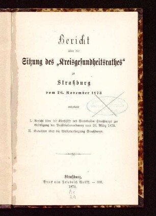 Bericht über die Sitzung des "Kreisgesundheitsrathes" zu Straßburg vom 26. November 1873