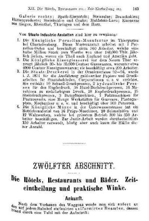Zwölfter Abschnitt. Die Hôtels, Restaurants und Bäder. Zeiteintheilung und praktische Winke