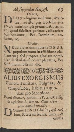 Alius Exorcismus Contra Tonitrua, Fulgura, & tempestates, habitus à quodam pio Sacerdote.