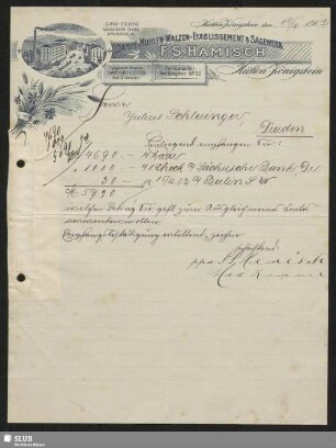 Dampf-Mühlen-Walzen-Etablissement & Sägewerk F. S. Hamisch, Hütten-Königstein : Anschreiben