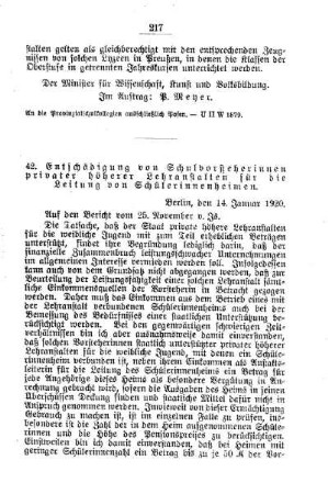 Entschädigung von Schulvorsteherinnen privater höherer Lehranstalten für die Leitung von Schülerinnenheimen : [F. Höhere Lehranstalten für die weibliche Jugend]