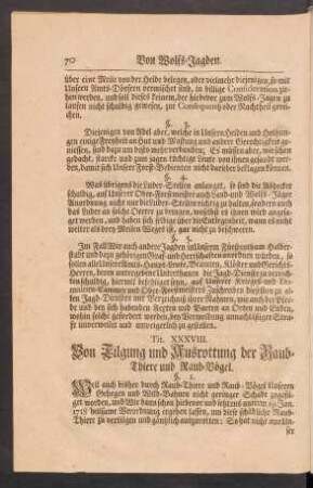 Tit. XXXVIII. Von Tilgung und Ausrottung der Raub-Thiere und Raub-Vögel.