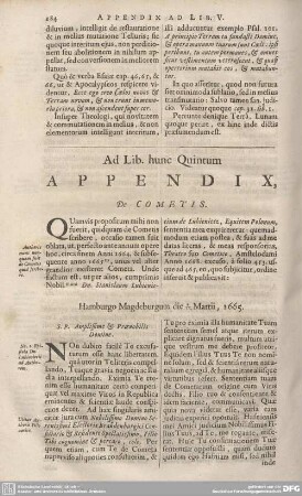 Ad Lib. hunc Quintum Appendix, De COMETIS.