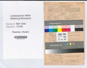 Entnazifizierung Hubert Roemer, geb. 27.11.1887 (Magazinverwalter)