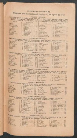Hipódromo Argentino - Programa para la reunión del domingo 21 de Agosto de 1910